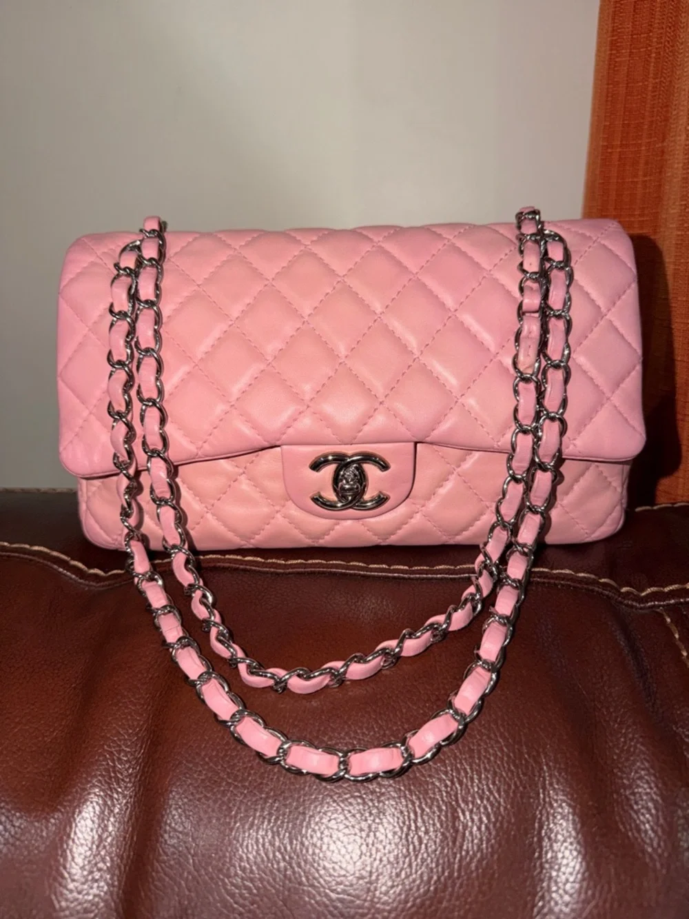 CHANEL Pink Quilted Leather Flap Shoulder Bag with Silver Hardware